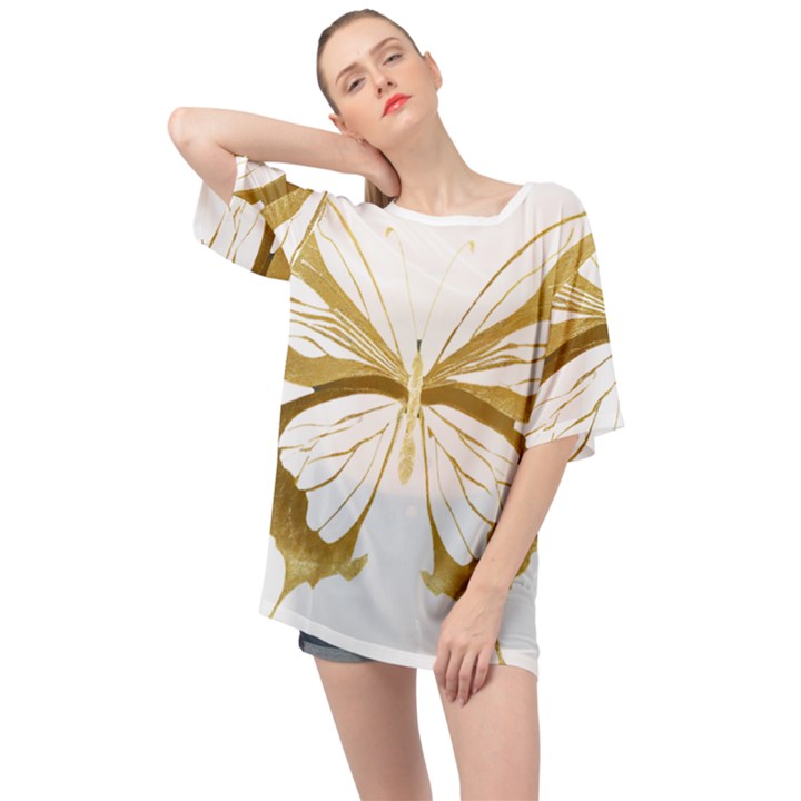 Simulated Gold Leaf Gilded Butterfly Oversized Chiffon Top