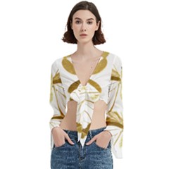 Simulated Gold Leaf Gilded Butterfly Trumpet Sleeve Cropped Top