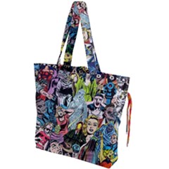 Vintage Horror Collage Pattern Drawstring Tote Bag by Ket1n9