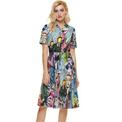 Vintage Horror Collage Pattern Button Top Knee Length Dress