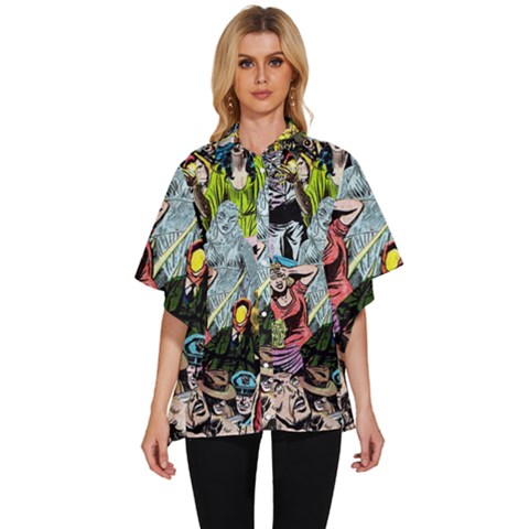 Vintage Horror Collage Pattern Women s Batwing Button Up Shirt by Ket1n9