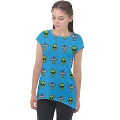 Alien Pattern Cap Sleeve High Low Top by Ket1n9