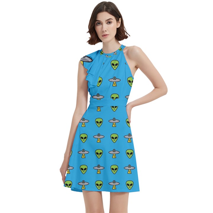 Alien Pattern Cocktail Party Halter Sleeveless Dress With Pockets