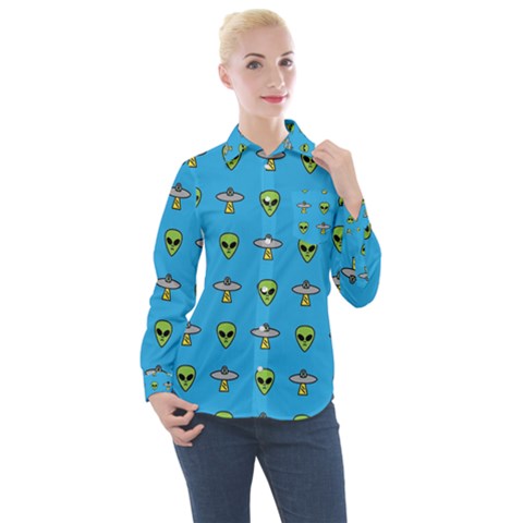 Alien Pattern Women s Long Sleeve Pocket Shirt by Ket1n9