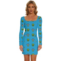 Alien Pattern Long Sleeve Square Neck Bodycon Velvet Dress by Ket1n9