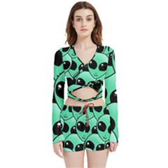 Art Alien Pattern Velvet Wrap Crop Top And Shorts Set by Ket1n9