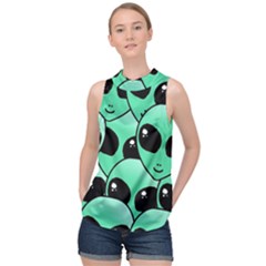 Art Alien Pattern High Neck Satin Top by Ket1n9