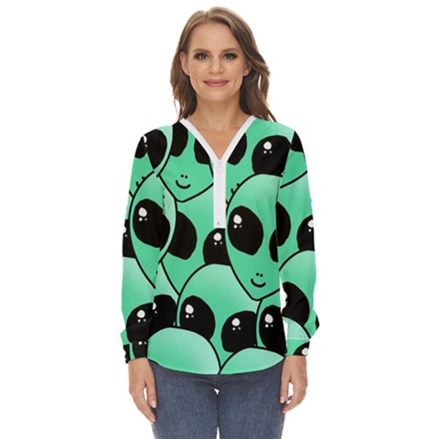 Art Alien Pattern Zip Up Long Sleeve Blouse by Ket1n9