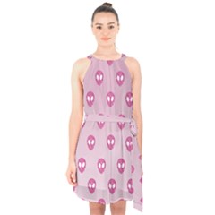 Alien Pattern Pink Halter Collar Waist Tie Chiffon Dress by Ket1n9