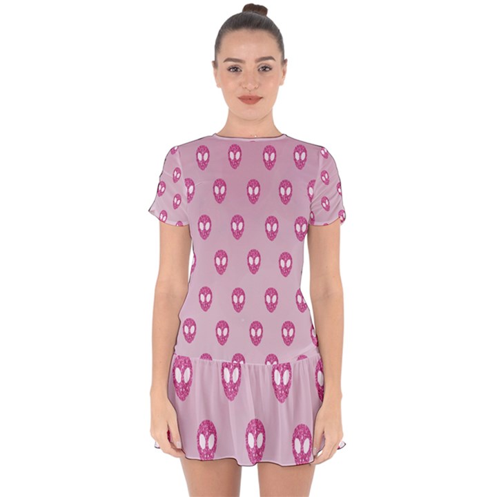 Alien Pattern Pink Drop Hem Mini Chiffon Dress