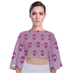 Alien Pattern Pink Tie Back Butterfly Sleeve Chiffon Top by Ket1n9