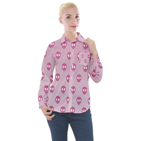 Alien Pattern Pink Women s Long Sleeve Pocket Shirt by Ket1n9