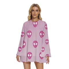 Alien Pattern Pink Round Neck Long Sleeve Bohemian Style Chiffon Mini Dress by Ket1n9