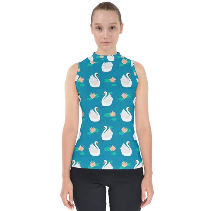 Elegant Swan Pattern With Water Lily Flowers Mock Neck Shell Top