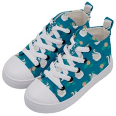 Elegant Swan Pattern With Water Lily Flowers Kids  Mid-top Canvas Sneakers by Ket1n9