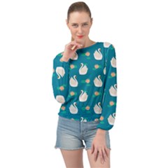 Elegant Swan Pattern With Water Lily Flowers Banded Bottom Chiffon Top by Ket1n9