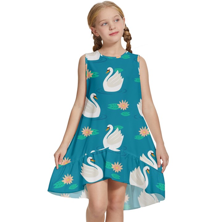 Elegant Swan Pattern With Water Lily Flowers Kids  Frill Swing Dress