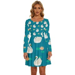 Elegant Swan Pattern With Water Lily Flowers Long Sleeve Wide Neck Velvet Dress by Ket1n9