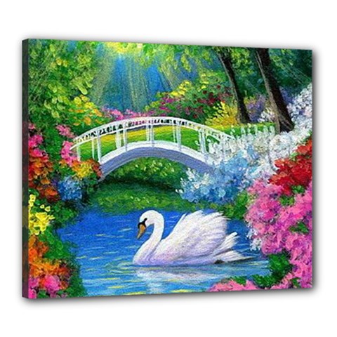 Swan Bird Spring Flowers Trees Lake Pond Landscape Original Aceo Painting Art Canvas 24  X 20  (stretched) by Ket1n9