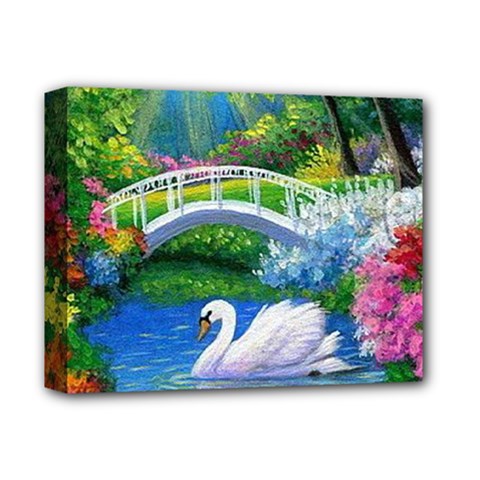 Swan Bird Spring Flowers Trees Lake Pond Landscape Original Aceo Painting Art Deluxe Canvas 14  X 11  (stretched) by Ket1n9