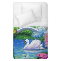 Swan Bird Spring Flowers Trees Lake Pond Landscape Original Aceo Painting Art Duvet Cover (single Size) by Ket1n9