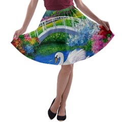 Swan Bird Spring Flowers Trees Lake Pond Landscape Original Aceo Painting Art A-line Skater Skirt by Ket1n9