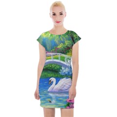 Swan Bird Spring Flowers Trees Lake Pond Landscape Original Aceo Painting Art Cap Sleeve Bodycon Dress by Ket1n9