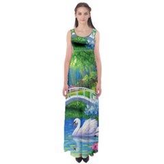 Swan Bird Spring Flowers Trees Lake Pond Landscape Original Aceo Painting Art Empire Waist Maxi Dress by Ket1n9