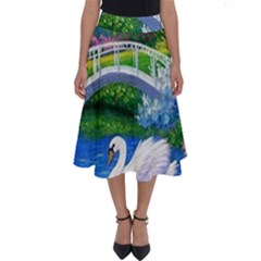 Swan Bird Spring Flowers Trees Lake Pond Landscape Original Aceo Painting Art Perfect Length Midi Skirt by Ket1n9