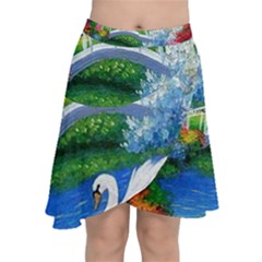 Swan Bird Spring Flowers Trees Lake Pond Landscape Original Aceo Painting Art Chiffon Wrap Front Skirt by Ket1n9