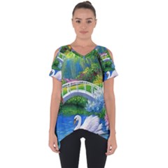 Swan Bird Spring Flowers Trees Lake Pond Landscape Original Aceo Painting Art Cut Out Side Drop T-shirt by Ket1n9