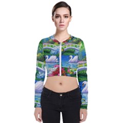 Swan Bird Spring Flowers Trees Lake Pond Landscape Original Aceo Painting Art Long Sleeve Zip Up Bomber Jacket by Ket1n9