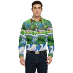 Swan Bird Spring Flowers Trees Lake Pond Landscape Original Aceo Painting Art Men s Long Sleeve  Shirt by Ket1n9