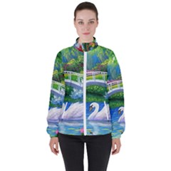 Swan Bird Spring Flowers Trees Lake Pond Landscape Original Aceo Painting Art Women s High Neck Windbreaker