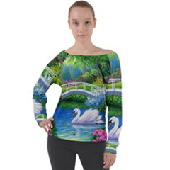 Swan Bird Spring Flowers Trees Lake Pond Landscape Original Aceo Painting Art Off Shoulder Long Sleeve Velour Top by Ket1n9