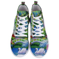 Swan Bird Spring Flowers Trees Lake Pond Landscape Original Aceo Painting Art Men s Lightweight High Top Sneakers by Ket1n9