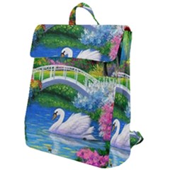 Swan Bird Spring Flowers Trees Lake Pond Landscape Original Aceo Painting Art Flap Top Backpack by Ket1n9