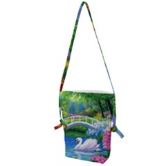 Swan Bird Spring Flowers Trees Lake Pond Landscape Original Aceo Painting Art Folding Shoulder Bag by Ket1n9