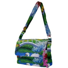 Swan Bird Spring Flowers Trees Lake Pond Landscape Original Aceo Painting Art Full Print Messenger Bag (s) by Ket1n9