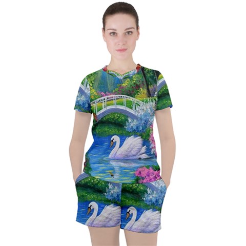 Swan Bird Spring Flowers Trees Lake Pond Landscape Original Aceo Painting Art Women s T-shirt And Shorts Set by Ket1n9