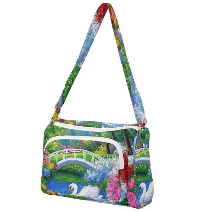 Swan Bird Spring Flowers Trees Lake Pond Landscape Original Aceo Painting Art Front Pocket Crossbody Bag