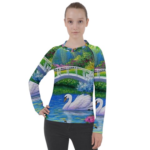 Swan Bird Spring Flowers Trees Lake Pond Landscape Original Aceo Painting Art Women s Pique Long Sleeve T-shirt by Ket1n9