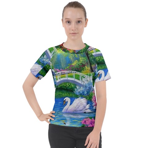 Swan Bird Spring Flowers Trees Lake Pond Landscape Original Aceo Painting Art Women s Sport Raglan T-shirt by Ket1n9