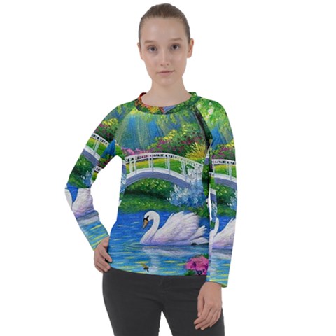 Swan Bird Spring Flowers Trees Lake Pond Landscape Original Aceo Painting Art Women s Long Sleeve Raglan T-shirt by Ket1n9