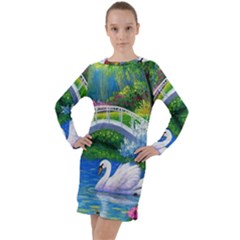 Swan Bird Spring Flowers Trees Lake Pond Landscape Original Aceo Painting Art Long Sleeve Hoodie Dress by Ket1n9