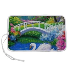 Swan Bird Spring Flowers Trees Lake Pond Landscape Original Aceo Painting Art Pen Storage Case (m) by Ket1n9