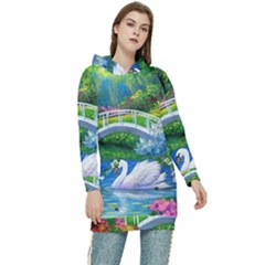 Swan Bird Spring Flowers Trees Lake Pond Landscape Original Aceo Painting Art Women s Long Oversized Pullover Hoodie by Ket1n9