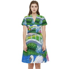 Swan Bird Spring Flowers Trees Lake Pond Landscape Original Aceo Painting Art Short Sleeve Waist Detail Dress by Ket1n9