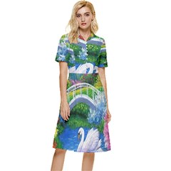 Swan Bird Spring Flowers Trees Lake Pond Landscape Original Aceo Painting Art Button Top Knee Length Dress by Ket1n9