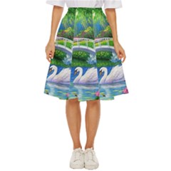 Swan Bird Spring Flowers Trees Lake Pond Landscape Original Aceo Painting Art Classic Short Skirt by Ket1n9